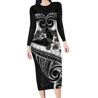 Black Polynesia Family Matching Long Sleeve Bodycon Dress and Hawaiian Shirt Tribal Pattern Tropical Frangipani LT14 Mom's Dress Black - Polynesian Pride