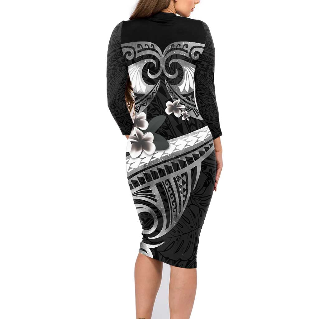 Black Polynesia Family Matching Long Sleeve Bodycon Dress and Hawaiian Shirt Tribal Pattern Tropical Frangipani LT14 - Polynesian Pride