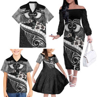 Black Polynesia Family Matching Off The Shoulder Long Sleeve Dress and Hawaiian Shirt Tribal Pattern Tropical Frangipani LT14 - Polynesian Pride