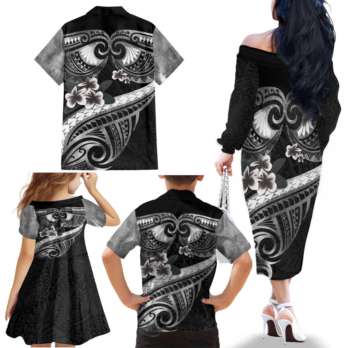 Black Polynesia Family Matching Off The Shoulder Long Sleeve Dress and Hawaiian Shirt Tribal Pattern Tropical Frangipani LT14 - Polynesian Pride
