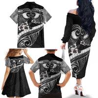 Black Polynesia Family Matching Off The Shoulder Long Sleeve Dress and Hawaiian Shirt Tribal Pattern Tropical Frangipani LT14 - Polynesian Pride