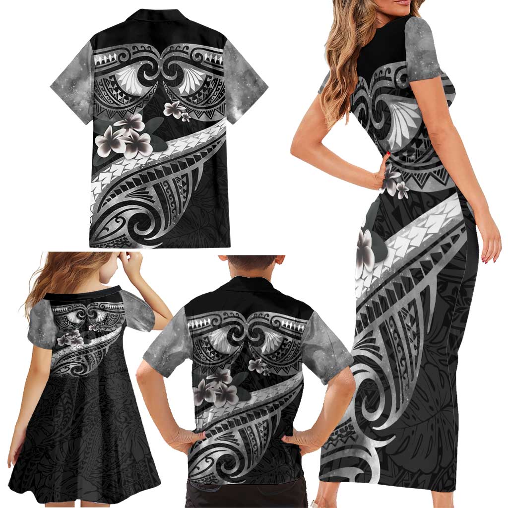 Black Polynesia Family Matching Short Sleeve Bodycon Dress and Hawaiian Shirt Tribal Pattern Tropical Frangipani LT14 - Polynesian Pride