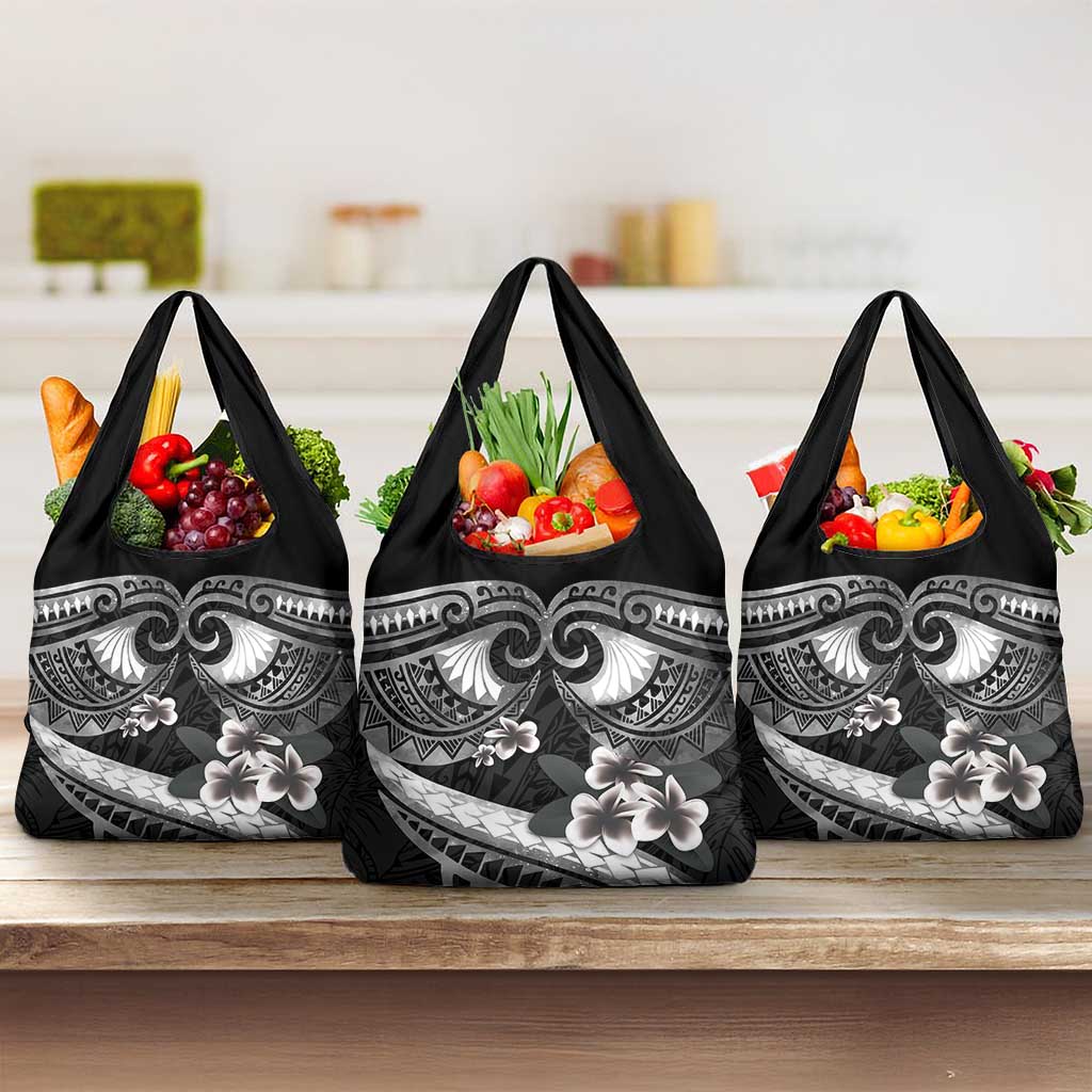 Black Polynesia Grocery Bag Tribal Pattern Tropical Frangipani