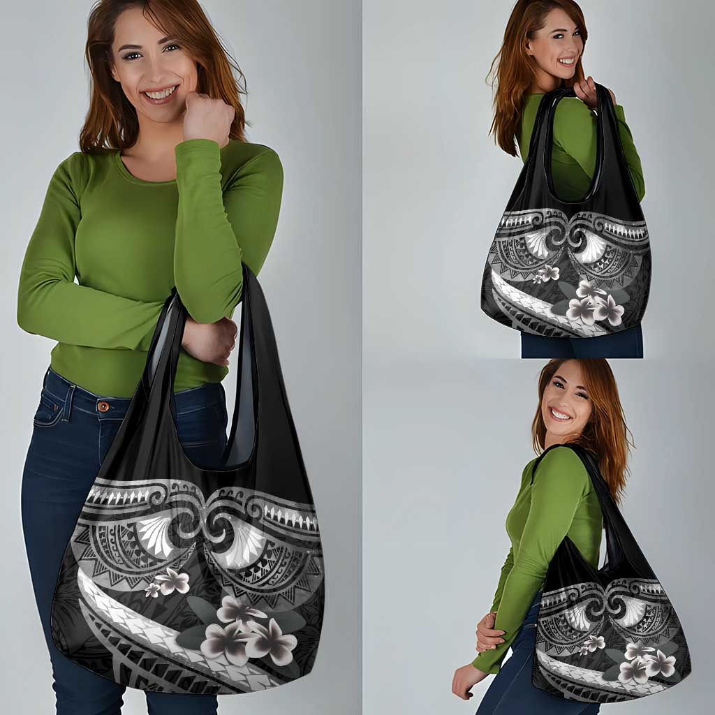 Black Polynesia Grocery Bag Tribal Pattern Tropical Frangipani