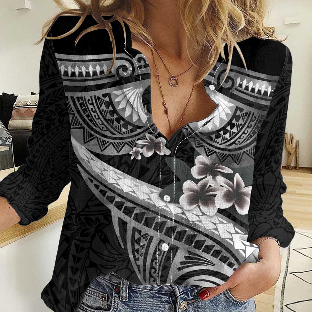 Black Polynesia Women Casual Shirt Tribal Pattern Tropical Frangipani LT14 Female Black - Polynesian Pride