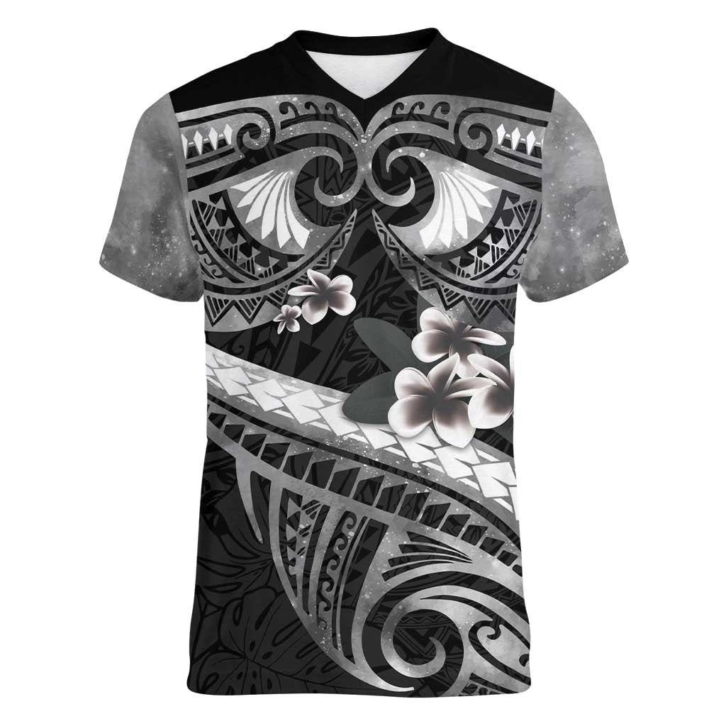 Black Polynesia Women V-Neck T-Shirt Tribal Pattern Tropical Frangipani LT14 Female Black - Polynesian Pride