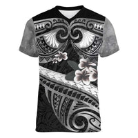 Black Polynesia Women V-Neck T-Shirt Tribal Pattern Tropical Frangipani LT14 Female Black - Polynesian Pride
