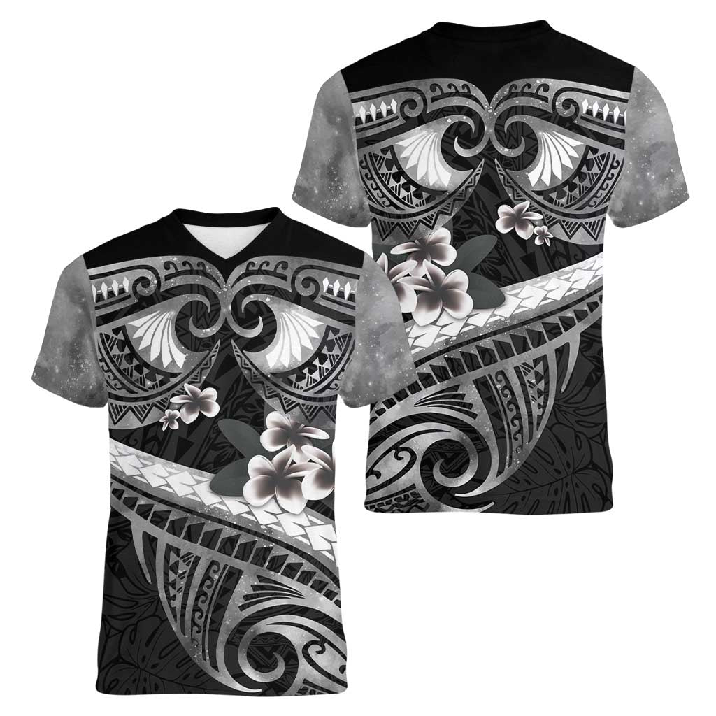 Black Polynesia Women V-Neck T-Shirt Tribal Pattern Tropical Frangipani LT14 - Polynesian Pride