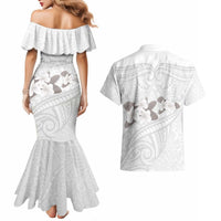 White Polynesia Couples Matching Mermaid Dress and Hawaiian Shirt Tribal Pattern Tropical Frangipani