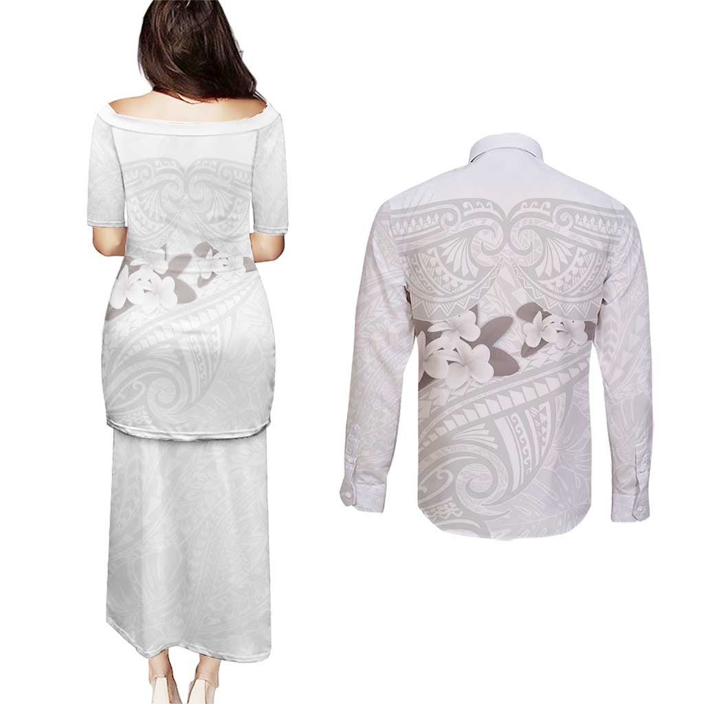 White Polynesia Couples Matching Puletasi and Long Sleeve Button Shirt Tribal Pattern Tropical Frangipani