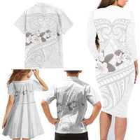 White Polynesia Family Matching Long Sleeve Bodycon Dress and Hawaiian Shirt Tribal Pattern Tropical Frangipani LT14 - Polynesian Pride