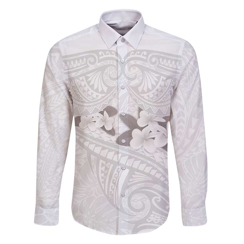 White Polynesia Family Matching Long Sleeve Bodycon Dress and Hawaiian Shirt Tribal Pattern Tropical Frangipani LT14 Dad's Shirt - Long Sleeve White - Polynesian Pride