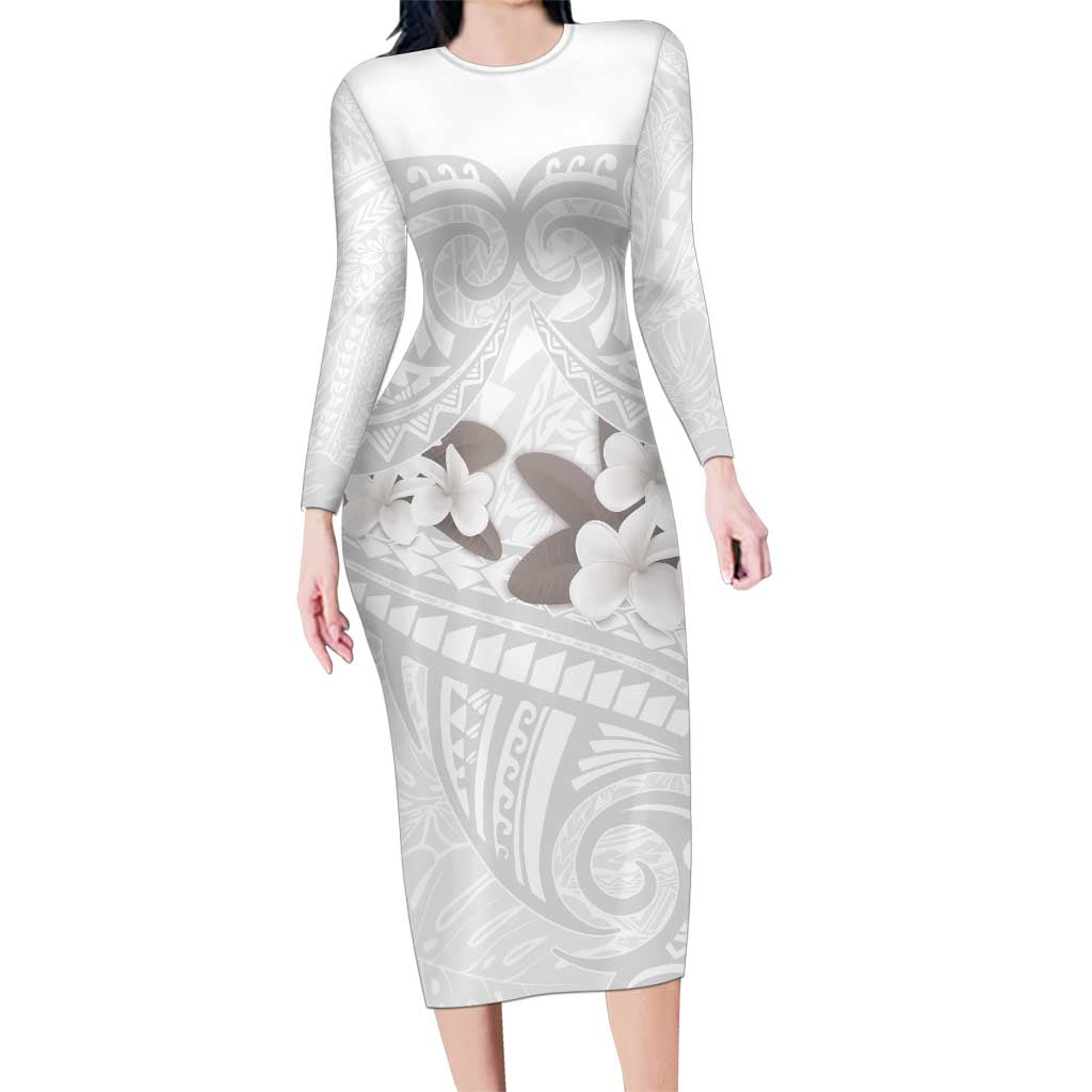 White Polynesia Family Matching Long Sleeve Bodycon Dress and Hawaiian Shirt Tribal Pattern Tropical Frangipani LT14 Mom's Dress White - Polynesian Pride