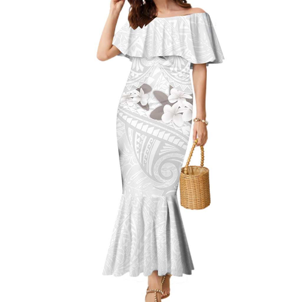 White Polynesia Family Matching Mermaid Dress and Hawaiian Shirt Tribal Pattern Tropical Frangipani LT14 Mom's Dress White - Polynesian Pride