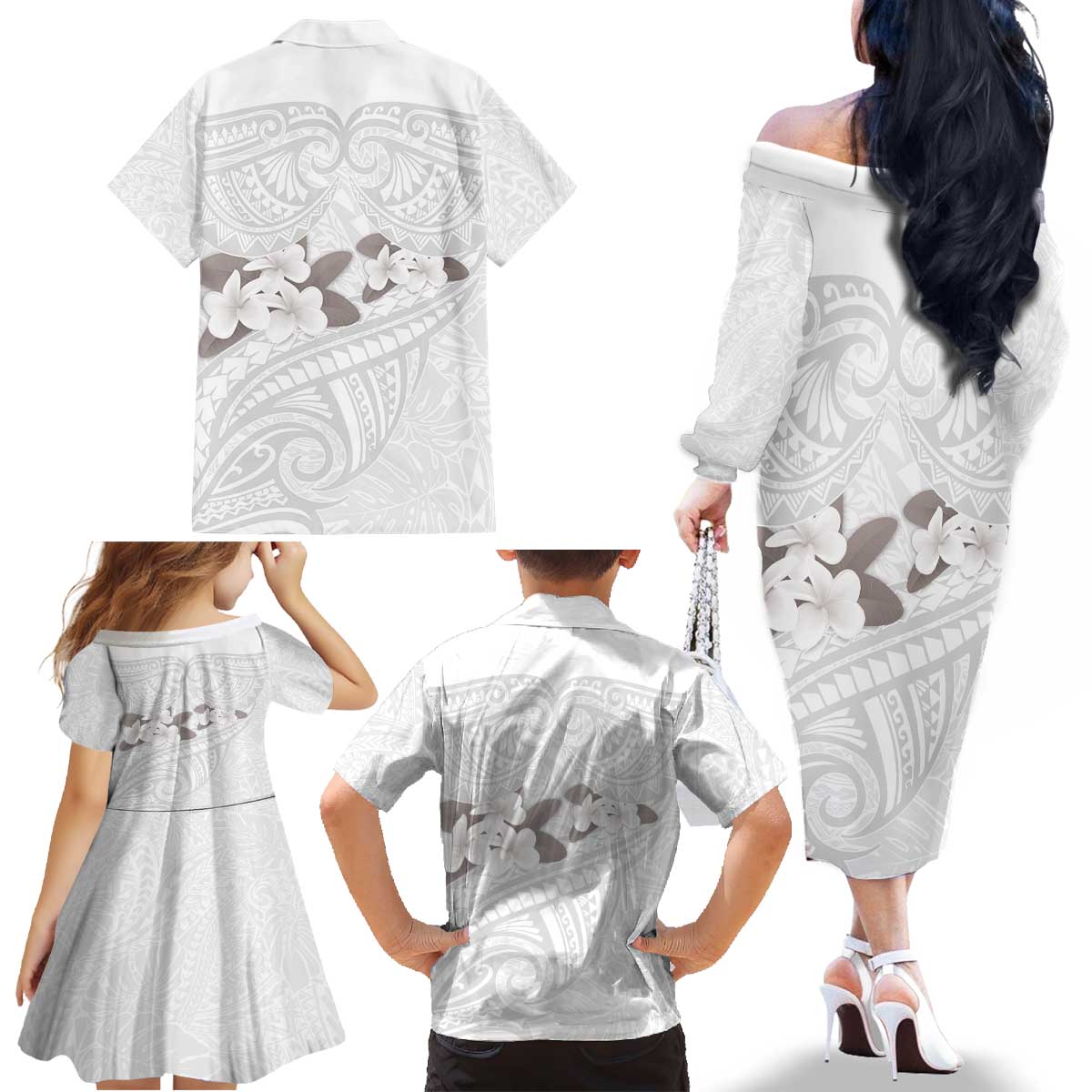 White Polynesia Family Matching Off The Shoulder Long Sleeve Dress and Hawaiian Shirt Tribal Pattern Tropical Frangipani LT14 - Polynesian Pride
