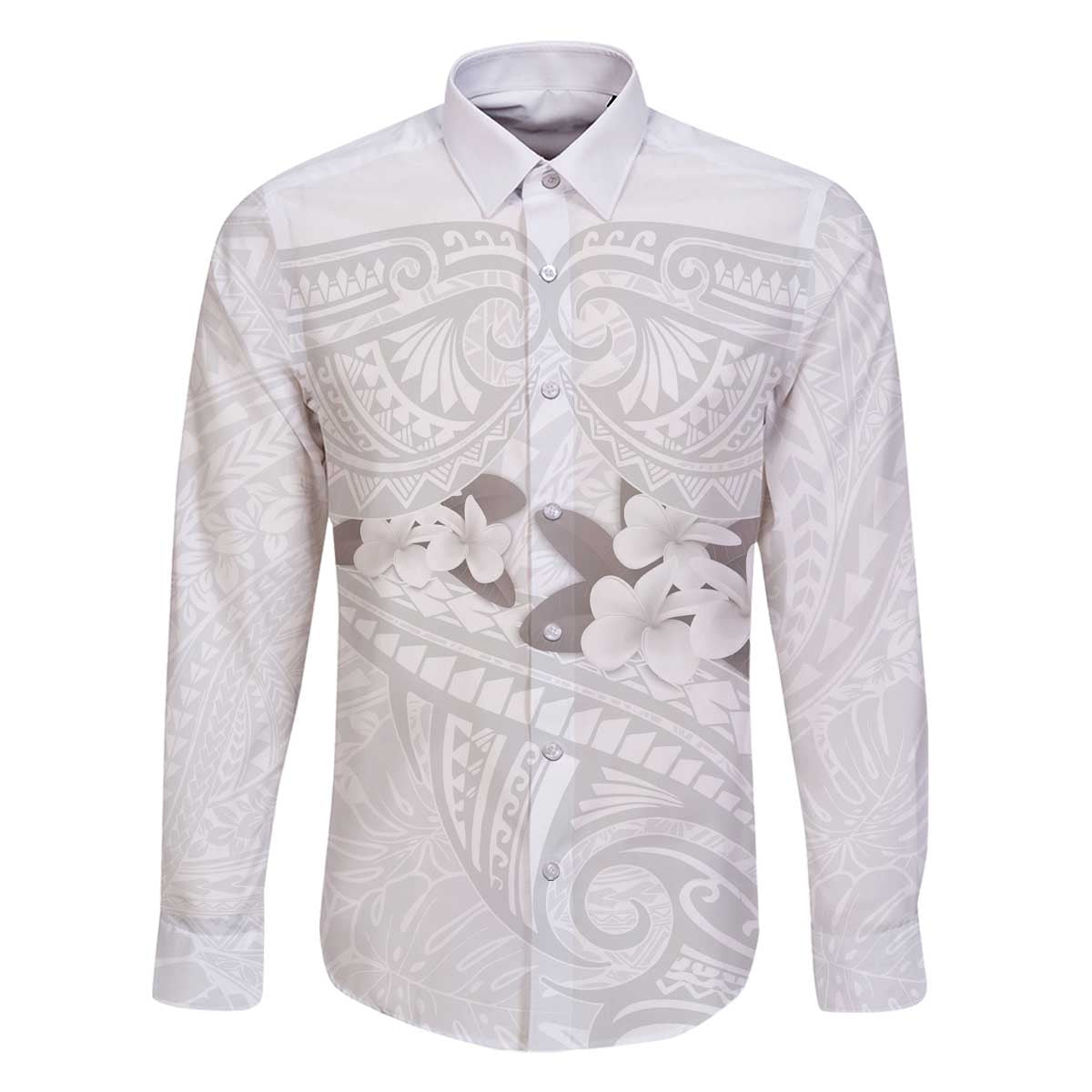 White Polynesia Family Matching Off The Shoulder Long Sleeve Dress and Hawaiian Shirt Tribal Pattern Tropical Frangipani LT14 Dad's Shirt - Long Sleeve White - Polynesian Pride