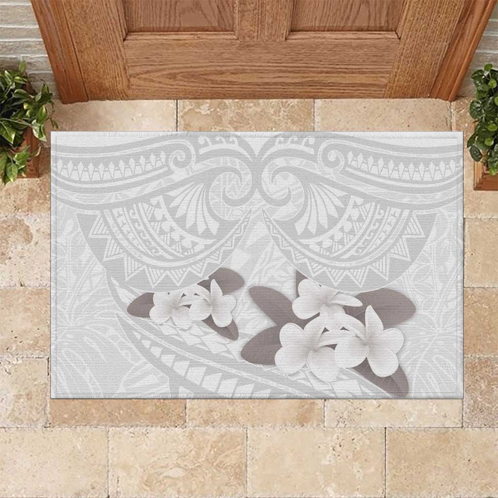 White Polynesia Rubber Doormat Tribal Pattern Tropical Frangipani