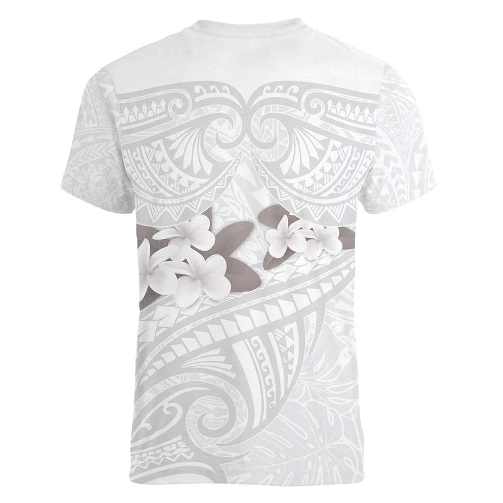 White Polynesia Women V-Neck T-Shirt Tribal Pattern Tropical Frangipani