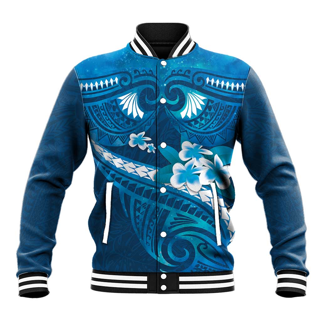 Blue Polynesia Baseball Jacket Tribal Pattern Tropical Frangipani
