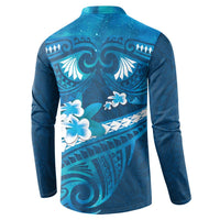 Blue Polynesia Button Sweatshirt Tribal Pattern Tropical Frangipani