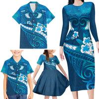 Blue Polynesia Family Matching Long Sleeve Bodycon Dress and Hawaiian Shirt Tribal Pattern Tropical Frangipani LT14 - Polynesian Pride
