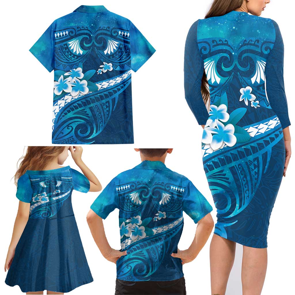 Blue Polynesia Family Matching Long Sleeve Bodycon Dress and Hawaiian Shirt Tribal Pattern Tropical Frangipani LT14 - Polynesian Pride