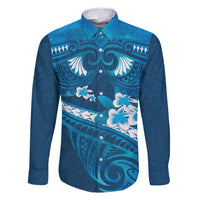 Blue Polynesia Family Matching Long Sleeve Bodycon Dress and Hawaiian Shirt Tribal Pattern Tropical Frangipani LT14 Dad's Shirt - Long Sleeve Blue - Polynesian Pride
