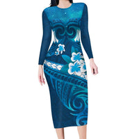 Blue Polynesia Family Matching Long Sleeve Bodycon Dress and Hawaiian Shirt Tribal Pattern Tropical Frangipani LT14 Mom's Dress Blue - Polynesian Pride