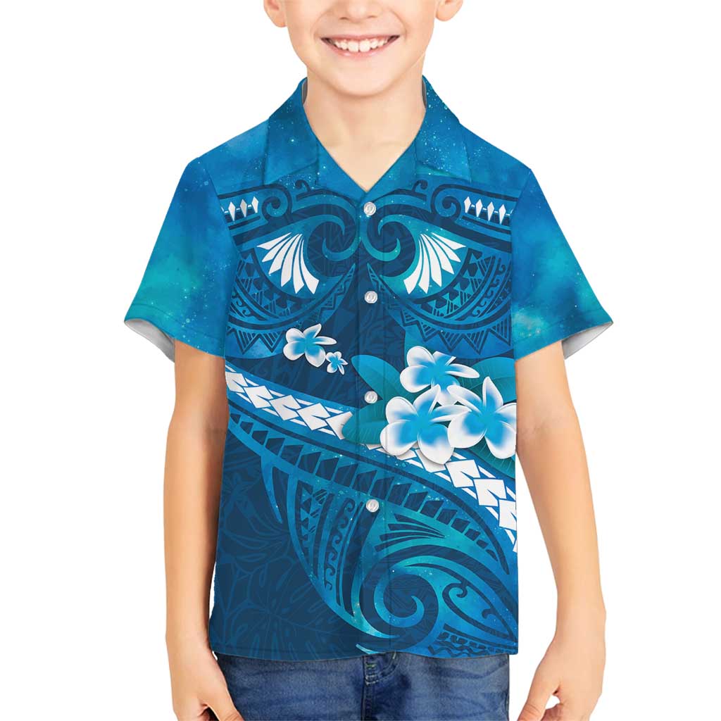 Blue Polynesia Family Matching Long Sleeve Bodycon Dress and Hawaiian Shirt Tribal Pattern Tropical Frangipani LT14 Son's Shirt Blue - Polynesian Pride