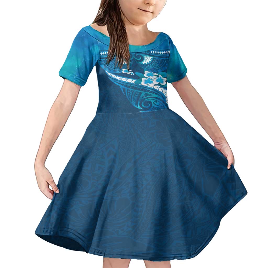 Blue Polynesia Family Matching Mermaid Dress and Hawaiian Shirt Tribal Pattern Tropical Frangipani LT14 Daughter's Dress Blue - Polynesian Pride