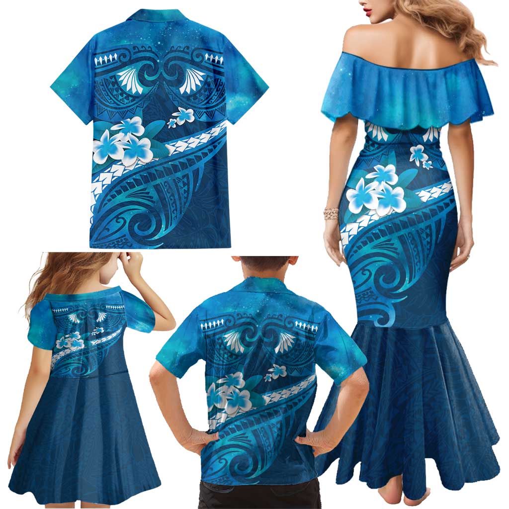 Blue Polynesia Family Matching Mermaid Dress and Hawaiian Shirt Tribal Pattern Tropical Frangipani LT14 - Polynesian Pride