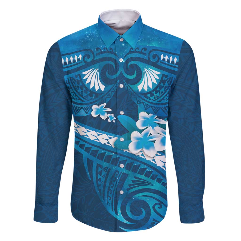 Blue Polynesia Family Matching Mermaid Dress and Hawaiian Shirt Tribal Pattern Tropical Frangipani LT14 Dad's Shirt - Long Sleeve Blue - Polynesian Pride