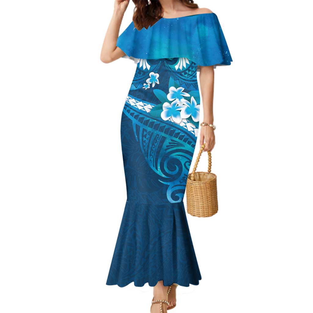 Blue Polynesia Family Matching Mermaid Dress and Hawaiian Shirt Tribal Pattern Tropical Frangipani LT14 Mom's Dress Blue - Polynesian Pride