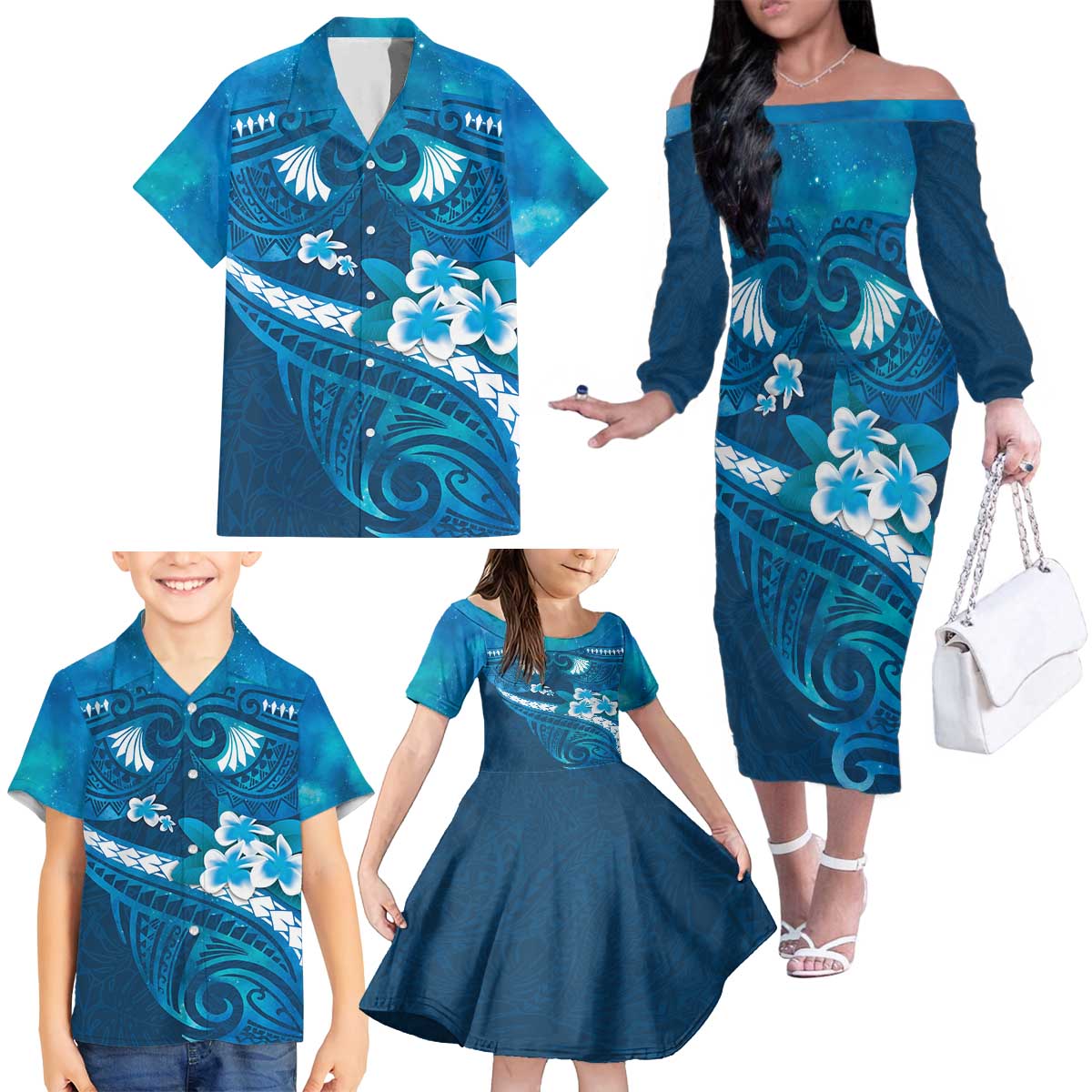 Blue Polynesia Family Matching Off The Shoulder Long Sleeve Dress and Hawaiian Shirt Tribal Pattern Tropical Frangipani LT14 - Polynesian Pride