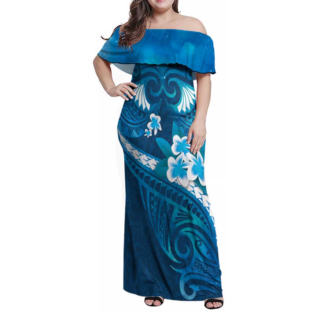 Blue Polynesia Family Matching Off Shoulder Maxi Dress and Hawaiian Shirt Tribal Pattern Tropical Frangipani