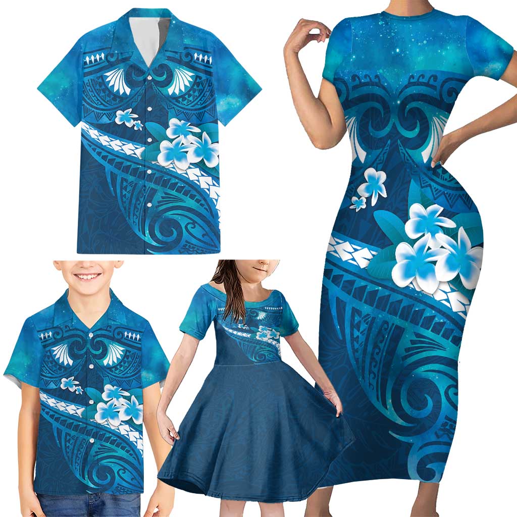 Blue Polynesia Family Matching Short Sleeve Bodycon Dress and Hawaiian Shirt Tribal Pattern Tropical Frangipani LT14 - Polynesian Pride