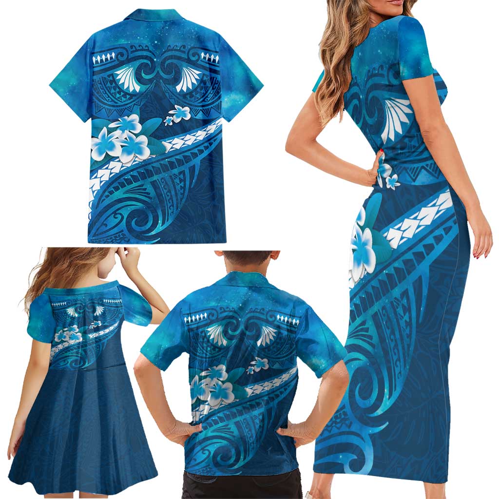 Blue Polynesia Family Matching Short Sleeve Bodycon Dress and Hawaiian Shirt Tribal Pattern Tropical Frangipani LT14 - Polynesian Pride