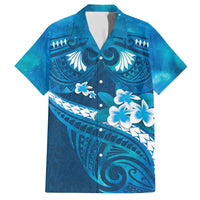 Blue Polynesia Family Matching Short Sleeve Bodycon Dress and Hawaiian Shirt Tribal Pattern Tropical Frangipani LT14 Dad's Shirt - Short Sleeve Blue - Polynesian Pride
