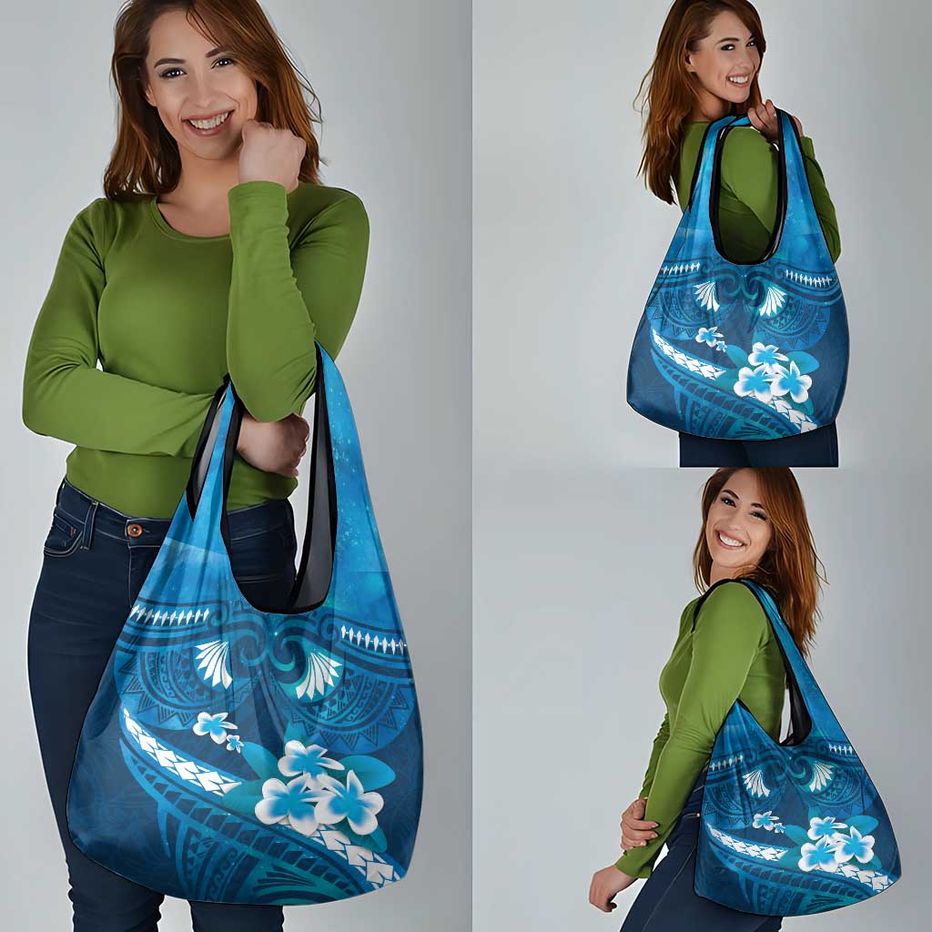 Blue Polynesia Grocery Bag Tribal Pattern Tropical Frangipani