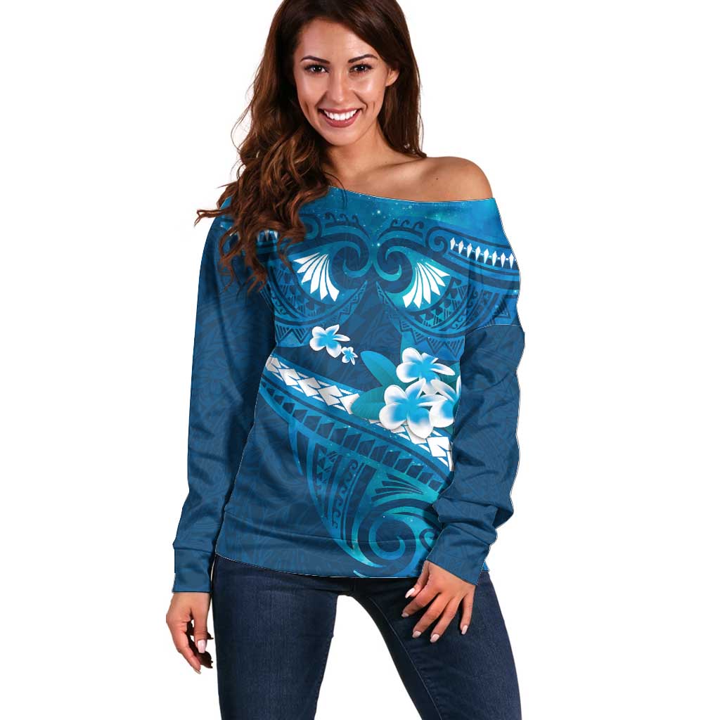 Blue Polynesia Off Shoulder Sweater Tribal Pattern Tropical Frangipani LT14 Women Blue - Polynesian Pride