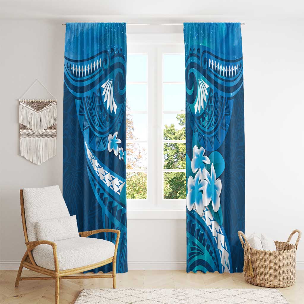 Blue Polynesia Window Curtain Tribal Pattern Tropical Frangipani