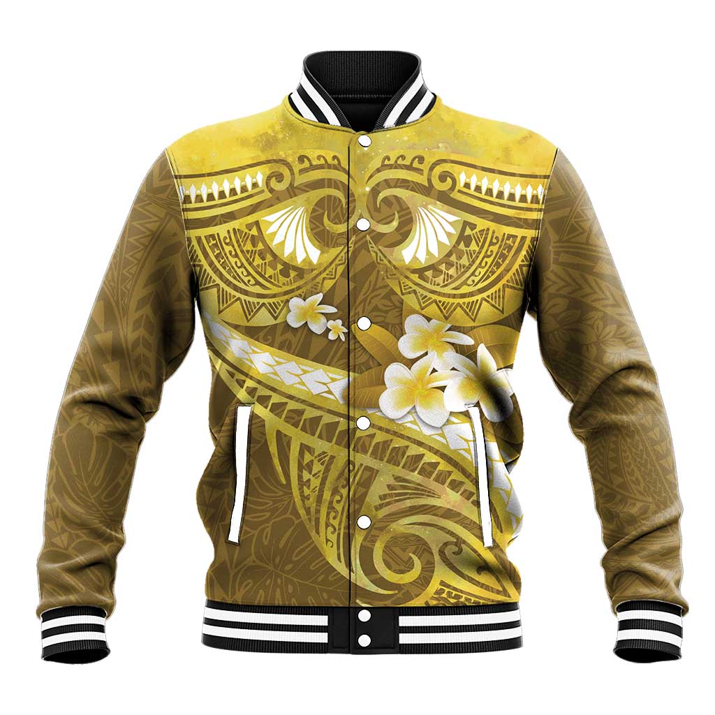 Gold Polynesia Baseball Jacket Tribal Pattern Tropical Frangipani