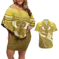 Gold Polynesia Couples Matching Off Shoulder Short Dress and Hawaiian Shirt Tribal Pattern Tropical Frangipani LT14 Gold - Polynesian Pride