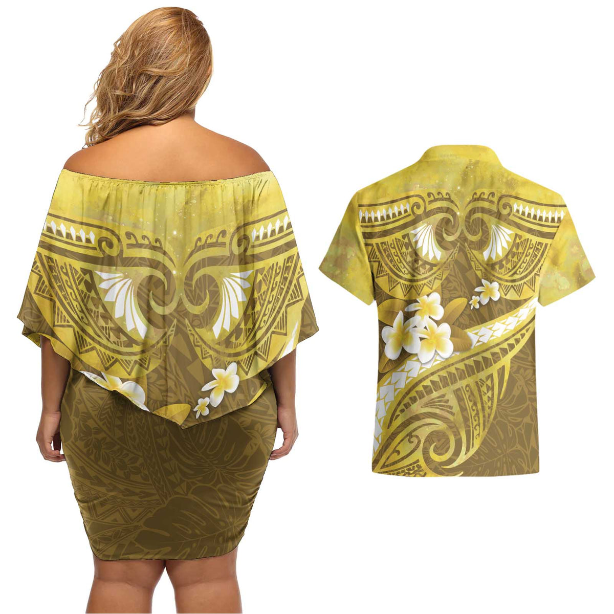 Gold Polynesia Couples Matching Off Shoulder Short Dress and Hawaiian Shirt Tribal Pattern Tropical Frangipani LT14 - Polynesian Pride