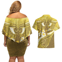 Gold Polynesia Couples Matching Off Shoulder Short Dress and Hawaiian Shirt Tribal Pattern Tropical Frangipani LT14 - Polynesian Pride