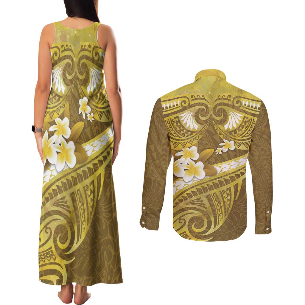 Gold Polynesia Couples Matching Tank Maxi Dress and Long Sleeve Button Shirt Tribal Pattern Tropical Frangipani