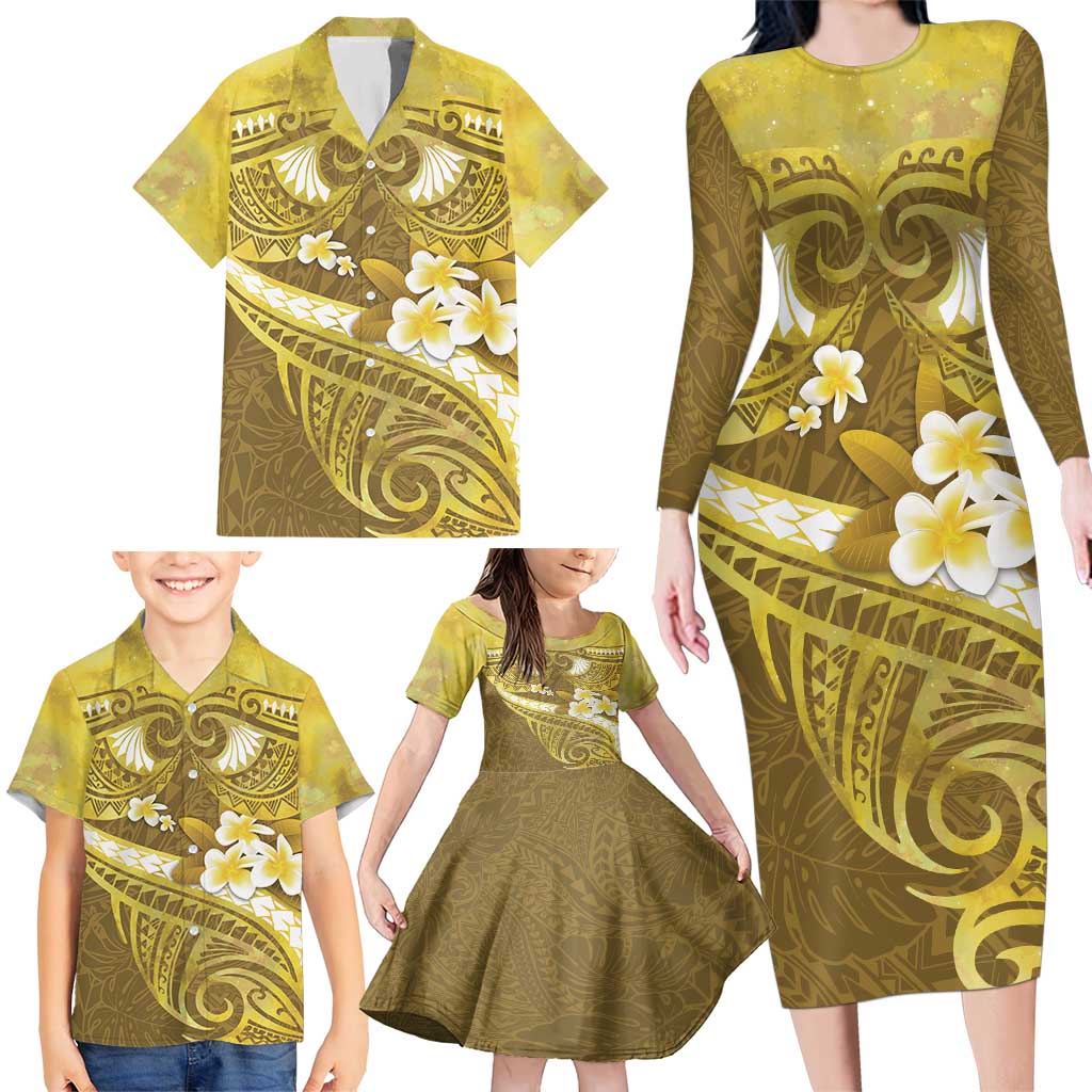 Gold Polynesia Family Matching Long Sleeve Bodycon Dress and Hawaiian Shirt Tribal Pattern Tropical Frangipani LT14 - Polynesian Pride