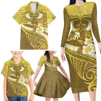 Gold Polynesia Family Matching Long Sleeve Bodycon Dress and Hawaiian Shirt Tribal Pattern Tropical Frangipani LT14 - Polynesian Pride