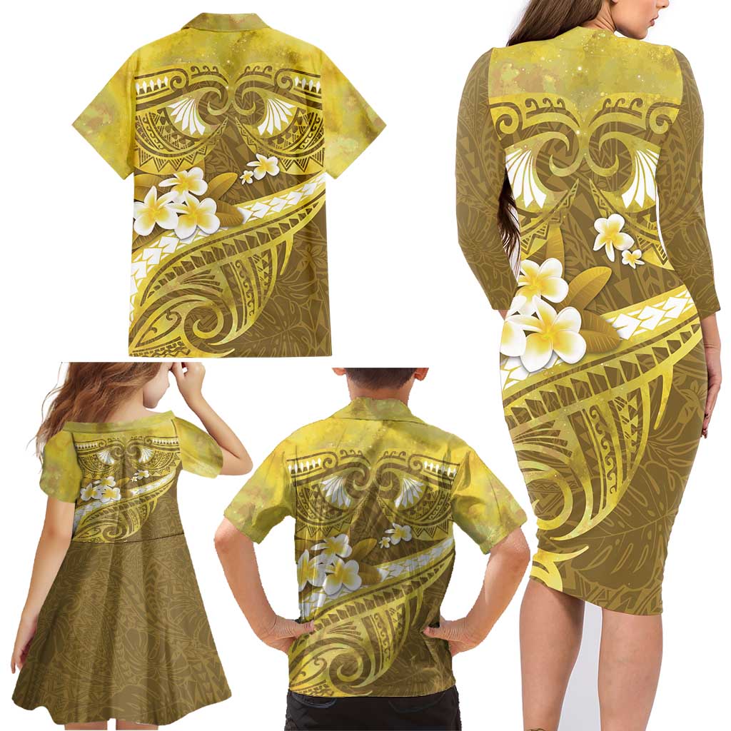 Gold Polynesia Family Matching Long Sleeve Bodycon Dress and Hawaiian Shirt Tribal Pattern Tropical Frangipani LT14 - Polynesian Pride