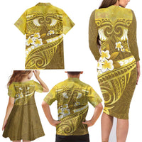 Gold Polynesia Family Matching Long Sleeve Bodycon Dress and Hawaiian Shirt Tribal Pattern Tropical Frangipani LT14 - Polynesian Pride